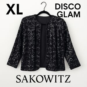 Disco Glam Sakowitz Sequin Jacket Women’s XL Black 70s Vintage Evening Partywear